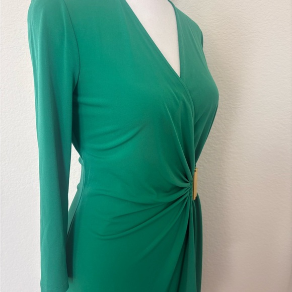 Calvin Klein Emerald Green Faux-Wrap Dress with Gold Accent - Picture 4 of 10